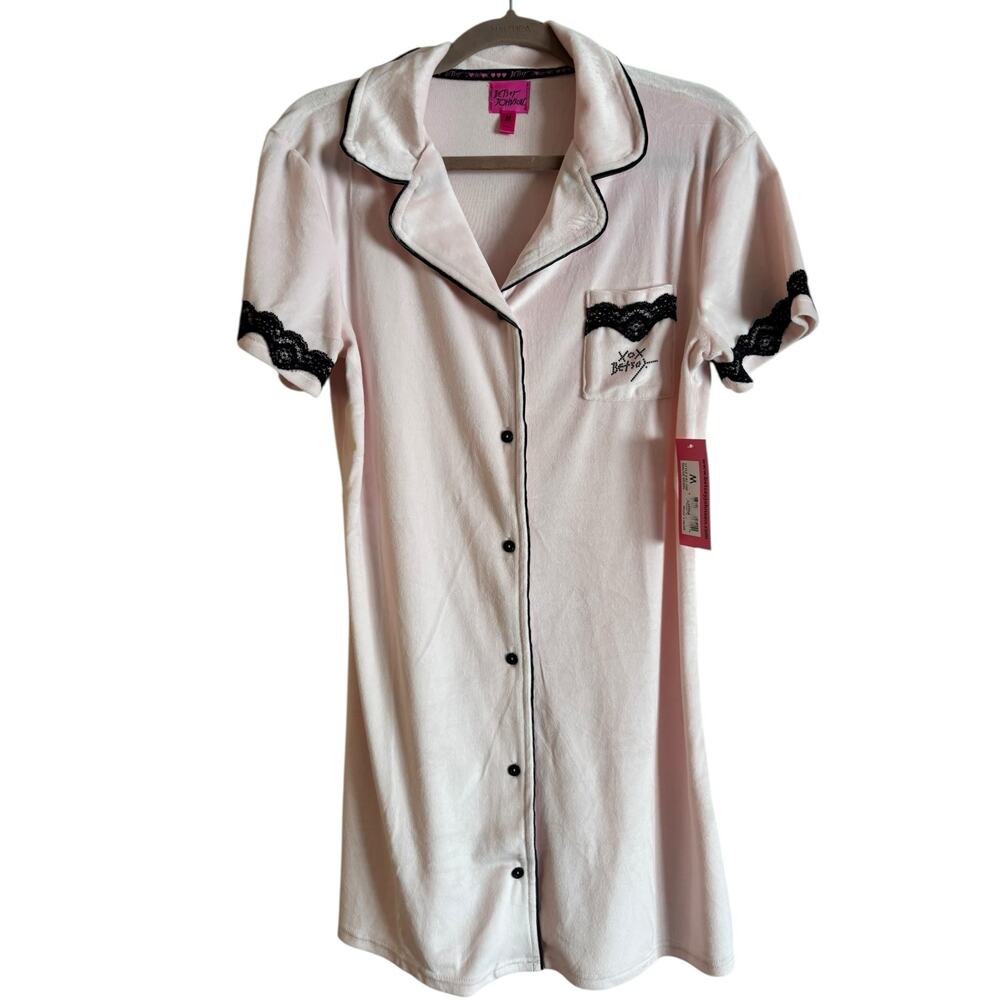 NWT Betsey Johnson Pink Velvet Lounge Sleep Dress Lace Trim Medium Button Up